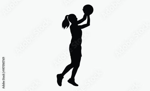 woman basketball silhouette, female athlete jump, layup shot pose, black white player