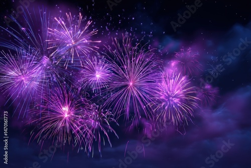 Vibrant purple fireworks illuminate the night sky.