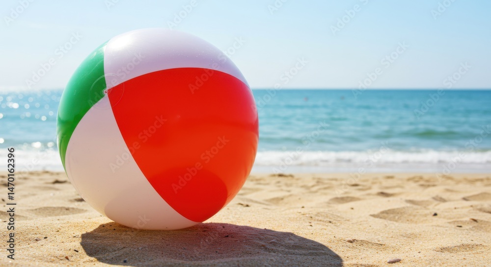 Beach ball on the sand near the ocean with a clear blue sky in the background on a bright sunny day Beach ball on the sand near the ocean with a clear blue sky in the background on a bright sunny day