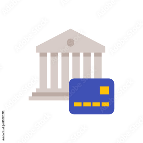 Illustration of a bank building with columns and a blue credit card in the foreground view financial themes 100