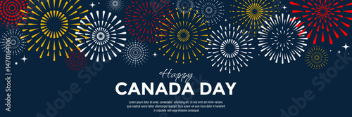 Happy Canada day horizontal banner with fireworks on dark blue background and place for your text. Celebrating Canada independence day. Vector design for web, social media post, advertising, flyers photo