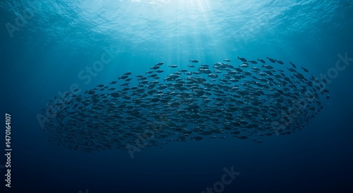 School of Silver Fish Swimming Together in Deep Blue Ocean, Lit by Sunrays from Above, Creating an Ethereal and Underwater Aquatic Scene
