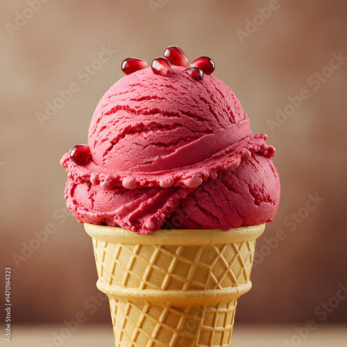 Delicious Pomegranate Ice Cream in a Waffle Cone