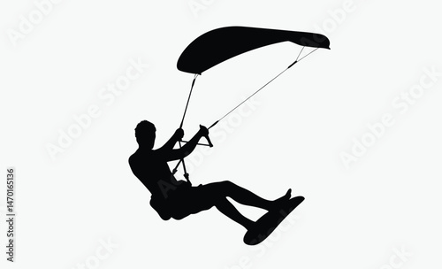kitesurfing silhouette vector, athlete with kite, dynamic surf posture, black white kitesurfer, harness sport pose