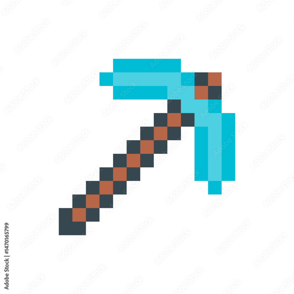 A pixelated diamond pickaxe with a brown and dark gray handle isolated on a white background image A pixelated diamond pickaxe with a brown and dark gray handle isolated on a white background image