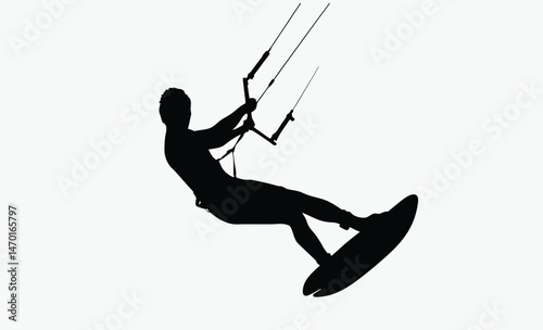 kitesurfing silhouette vector, athlete with kite, dynamic surf posture, black white kitesurfer, harness sport pose