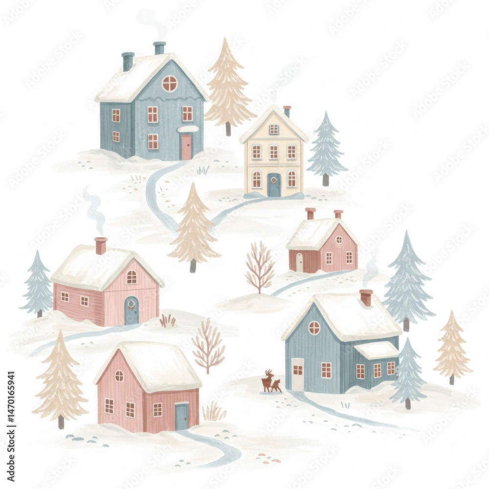 Fototapeta premium Charming Winter Village Illustration Pastel Houses Snow
