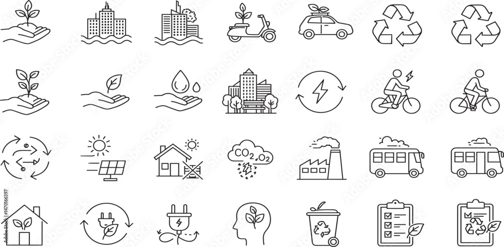 Green city editable stroke outline icons set isolated on white background flat vector illustration Green city editable stroke outline icons set isolated on white background flat vector illustration