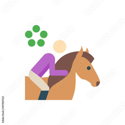 Illustration of a horse with a rider wearing purple, featuring green circles and a light yellow circle