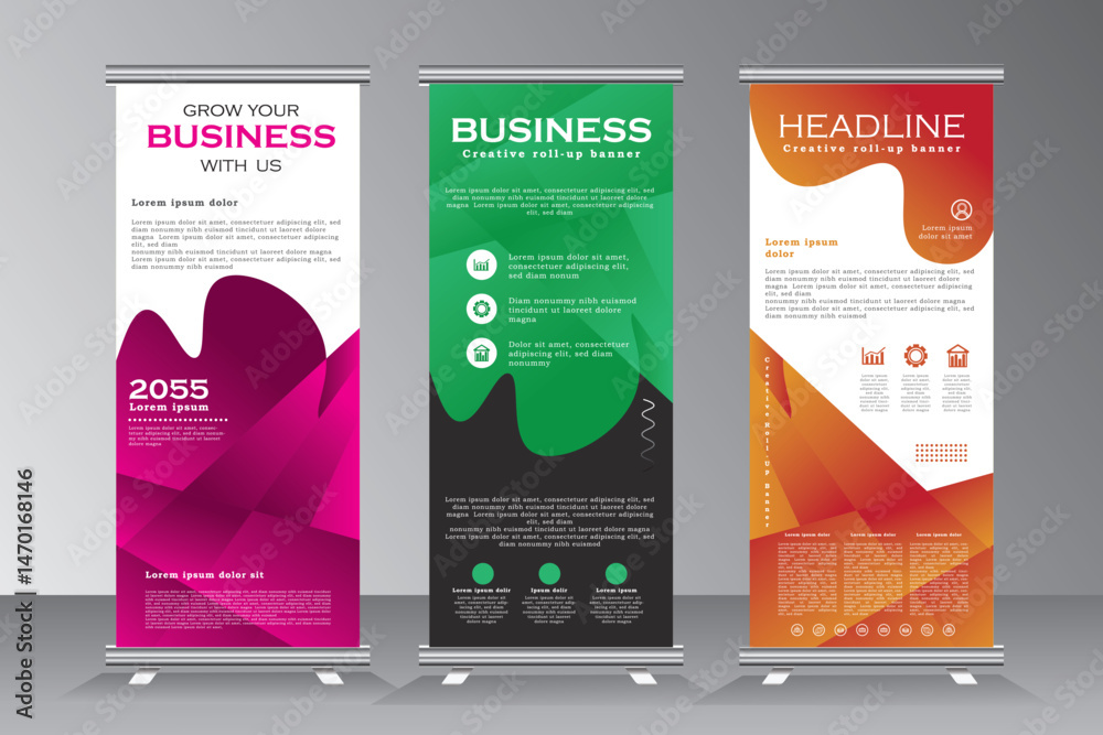 Roll up banner stand template design, Vertical banner design with purple, green and orange color, pull up, x banner, print ready business roll up banner set, vector eps 10.