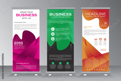 Roll up banner stand template design, Vertical banner design with purple, green and orange color, pull up, x banner, print ready business roll up banner set, vector eps 10.