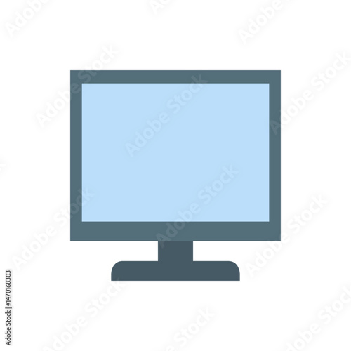 Illustration of a flat screen computer monitor with a light blue screen and a gray stand and border design