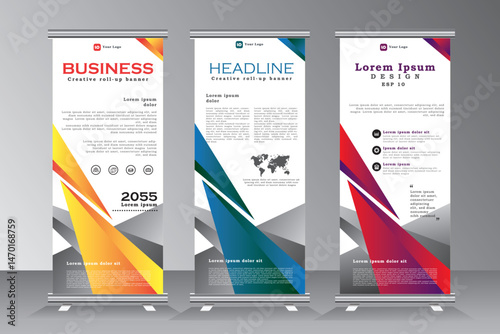 Corporate roll up banner design template for your business, Roll up banner design with yellow, blue and red, vector eps 10.	