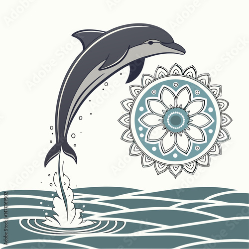 Dolphin jump with water  mandala splash vector illustration  