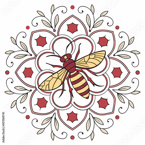 Mandala bee with honeycomb patterns vector illustration  