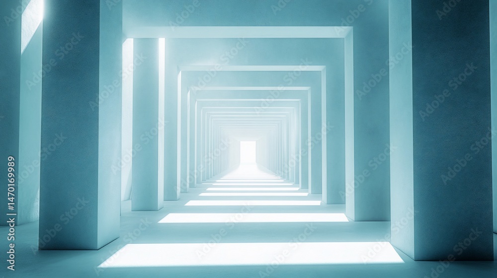 Fototapeta premium Light-filled, pale blue, geometric corridor stretching into a bright future.