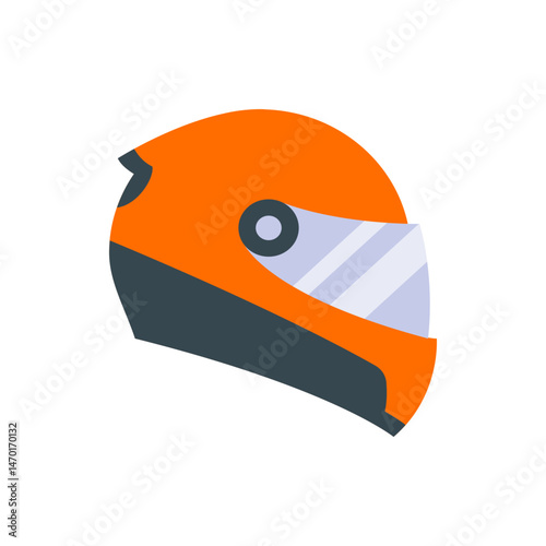 An illustration of an orange and gray motorcycle helmet with a visor and a dark gray accent design element