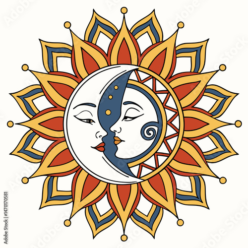 Sun and moon split mandala vector illustration  