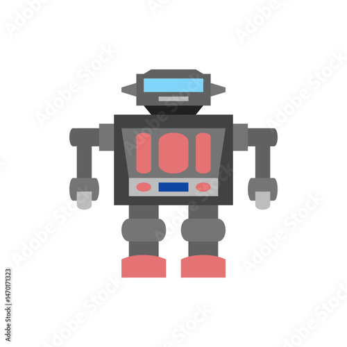 Illustration of a gray and black robot with red and blue details standing upright on a white background