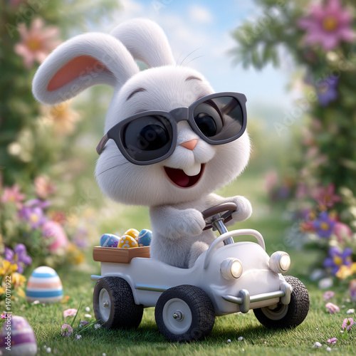 A whimsical image of a rabbit wearing sunglasses, driving a toy car holding Easter eggs surrounded by colorful flowers in a sunny field, celebrating the festive Easter season with vibrant joy.