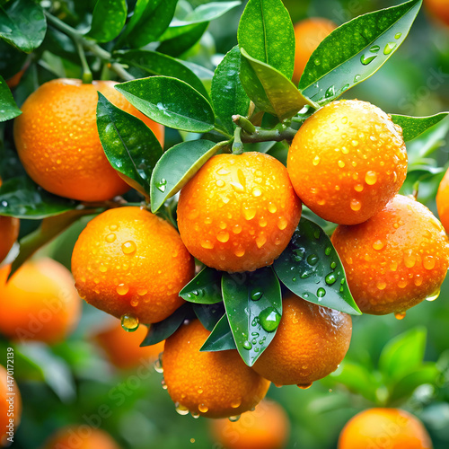 freshly picked oranges glistening with raindrops