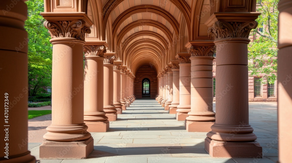 Obraz premium Historic Church Architecture Details Concept, Arched Cloister Walkways with Shadow Patterns in a Serene Architectural Setting