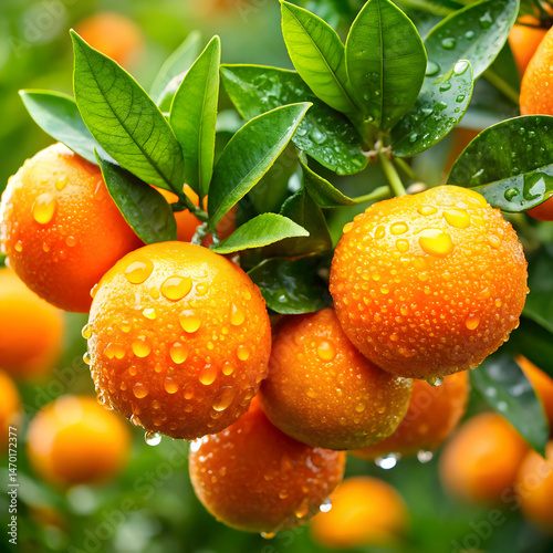 freshly picked oranges glistening with raindrops