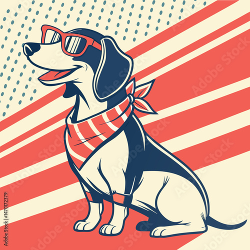 Vector illustration of a funny Dachshund dog wearing red glasses and a scarf in the colors of the American flag. Pop Art Poster for Independence Day of America