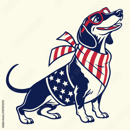 Vector illustration of a funny Dachshund dog wearing red glasses and a scarf in the colors of the American flag. Pop Art Poster for Independence Day of America