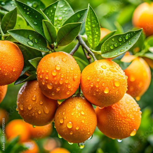 freshly picked oranges glistening with raindrops