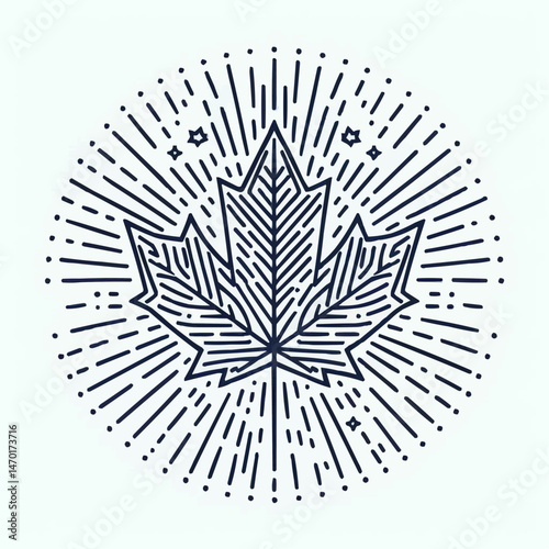 Stylized maple leaf surrounded by radiating lines and stars in a circular design on a light background
