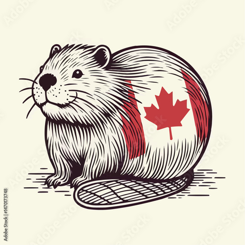 Illustration of a beaver featuring a Canadian flag design on its body in a charming artistic style