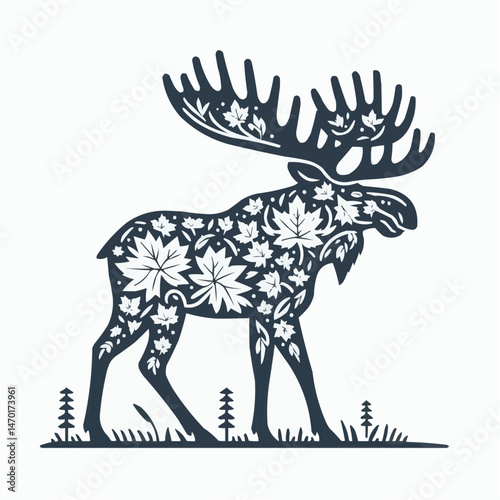 Artistic illustration of a moose with floral patterns on a white background