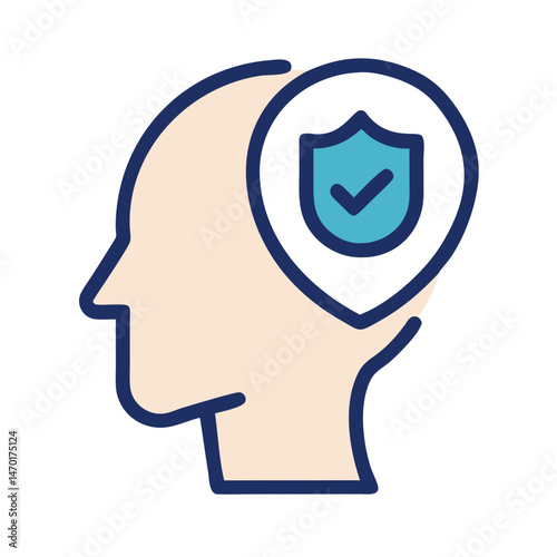 Head Profile with Shield Icon Representing Mental Protection – Vector Security and Wellness Symbol