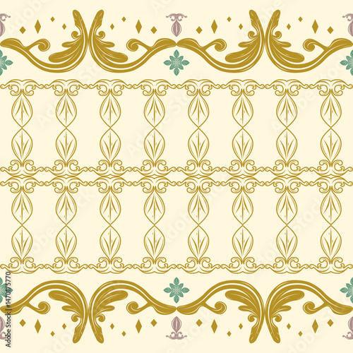 Delight Golden Ornament Filigree Wallpaper Texture Ancient Decoration. Arranged Scroll Leaves Ornament Luxury Geometric Border Seamless Pattern for Embroidery Fabrics Interior Decor Apparel Furniture