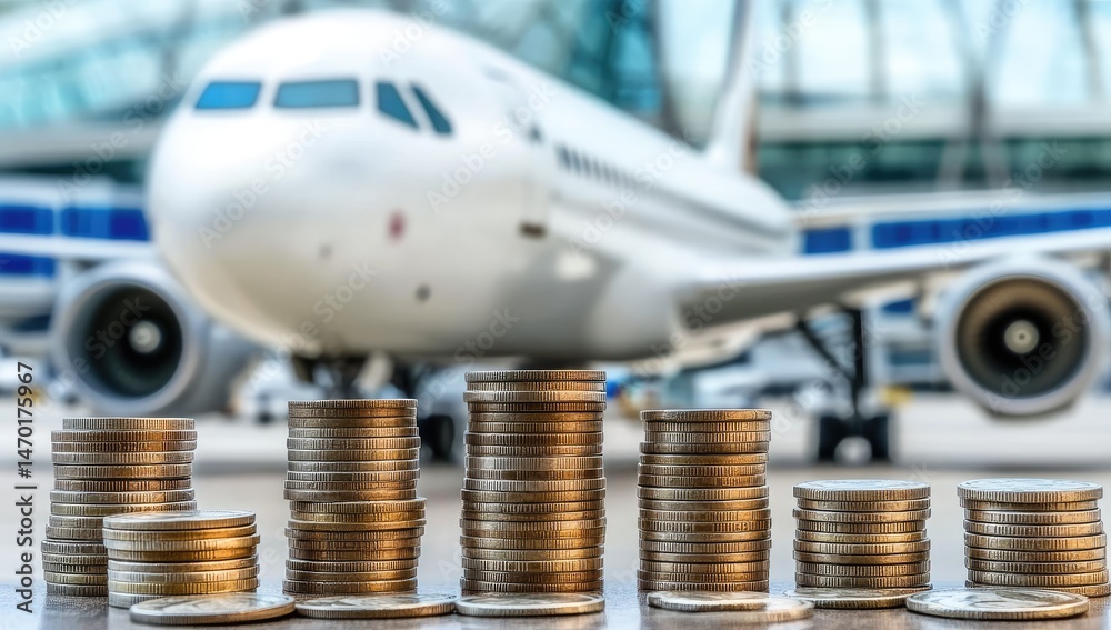 Fototapeta premium Stacks of coins in front of an airplane at an airport. Cost of travel, or airline expenses, are suggested