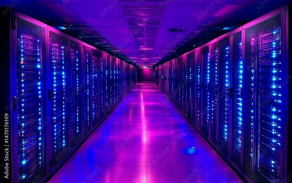 Fototapeta premium Intricate server room hallway with rows of glowing server racks lit in vibrant purple and blue hues.