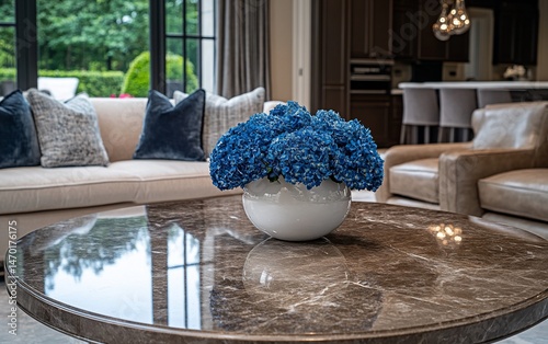 Elegant blue hydrangea centerpiece on a marble coffee table in a modern living room.