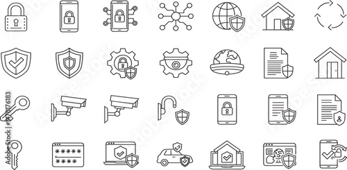 Safety, protection and security concept editable stroke outline icons set isolated on white background flat vector illustration