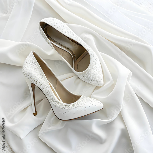 an overhead view of wedding white high heels