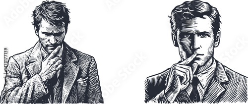 Engraving Design Reflective Man Regretting His Words – Emotional Woodcut Art Capturing Apology and Reflection historical antique, set, print, clip art, ink, vintage, black-and-white tattoo