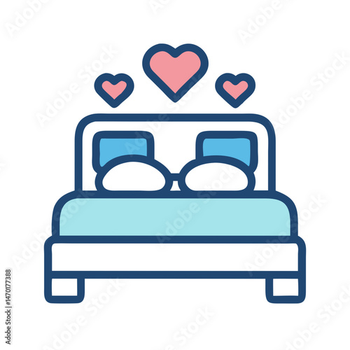 Heart Decorated Bed Icon Representing Honeymoon – Vector Romantic and Wedding Night Symbol