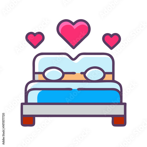 Heart Decorated Bed Icon Representing Honeymoon – Vector Romantic and Wedding Night Symbol