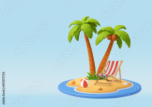 3D beach palm and ball, ,chair.