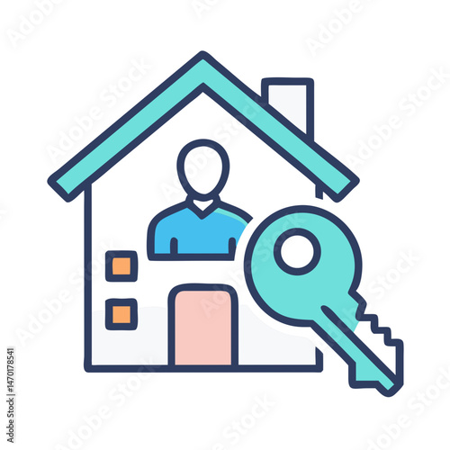 House with Key and Person Icon Representing Property Ownership – Vector Real Estate and Security Symbol
