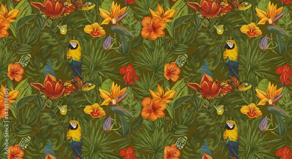 Fototapeta premium Vivid Parrot & Tropical Blooms Repeat: Lush Floral Pattern with Macaws, Exotic Flowers, Butterflies & Playful Frogs in Rich Green Foliage, Bold Color Palette, Dense Jungle