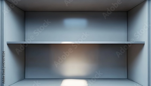 Wallpaper Mural An empty white metal shelf with two horizontal levels in an enclosed space, soft light casting shadows from above. Torontodigital.ca