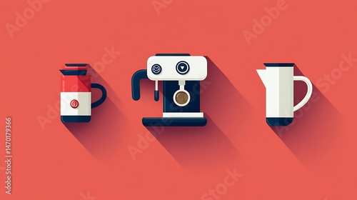 Coffee Maker with Filter, and Carafe Icons.