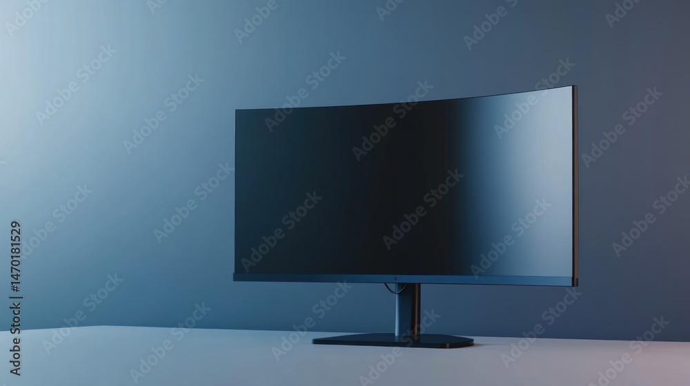 Modern curved monitor on a stand, minimalist aesthetic Modern curved monitor on a stand, minimalist aesthetic