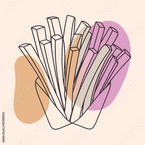 A vibrant and stylized illustration of french fries, presented in a modern, abstract aesthetic.